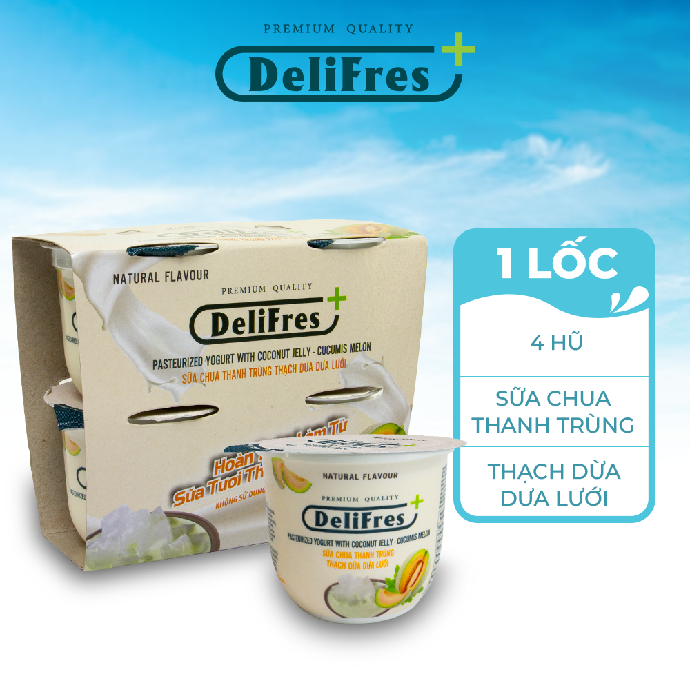  Sữa Chua Thanh Trùng DeliFres+ Thạch Dừa Dưa Lưới | 1 Lốc x 4 Hũ - 80gram 