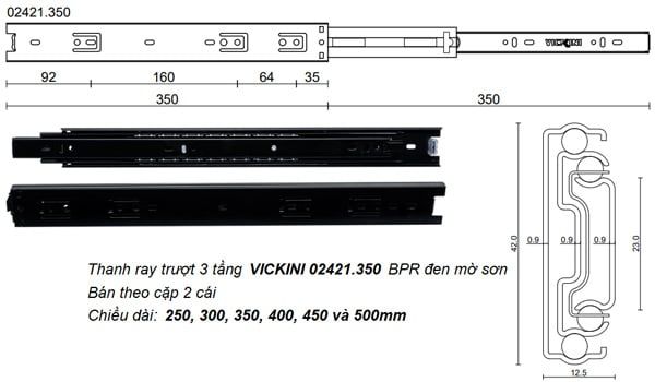 Thanh ray trượt 3 tầng VICKINI 02421.350 BPR đen mờ sơn 