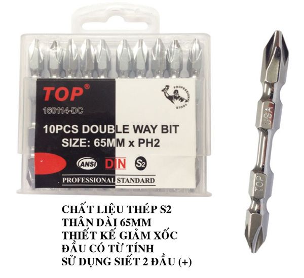  Mũi vít 2 đầu trắng ngắn, xi bóng, giảm xốc PH2x65mm TOP 160114-DC 