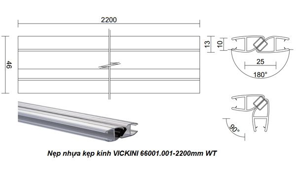  Nẹp nhựa kẹp kính VICKINI 66001.001-2200mm WT, có nam châm góc 90 độ và 180 độ 