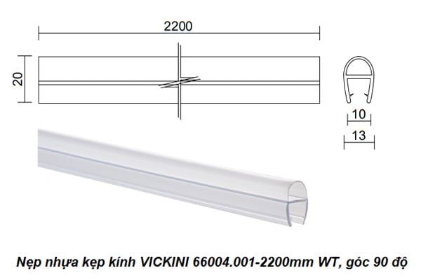  Nẹp nhựa kẹp kính VICKINI 66004.001-2200mm WT, góc 90 độ 