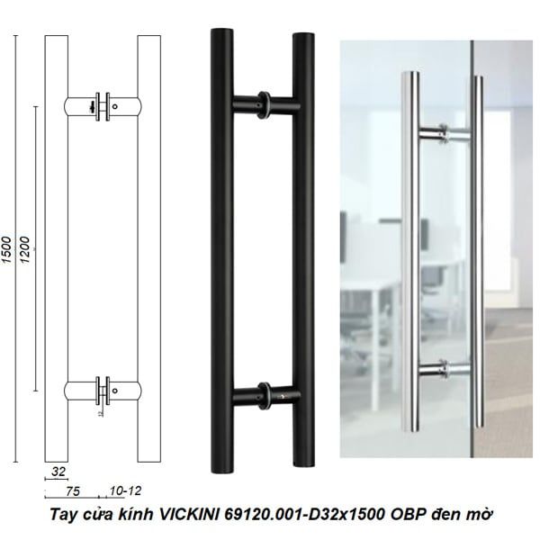  Tay cửa kính VICKINI 69120.001-D32x1500 OBP đen mờ 