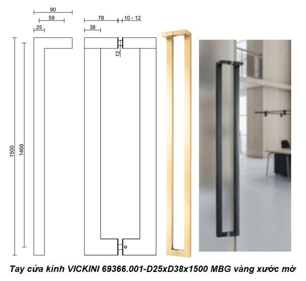  Tay cửa kính VICKINI 69366.001-D25xD38x1500 MBG vàng xước mờ 