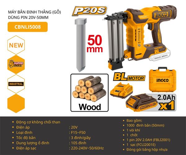  Máy bắn đinh thẳng dùng pin 20V F15-F50mm INGCO CBNLI5008 