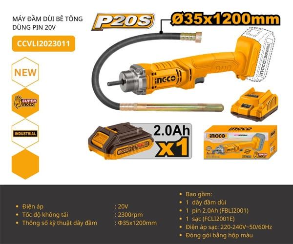  Máy đầm dùi bê tông dùng pin 20V INGCO CCVLI2023011 