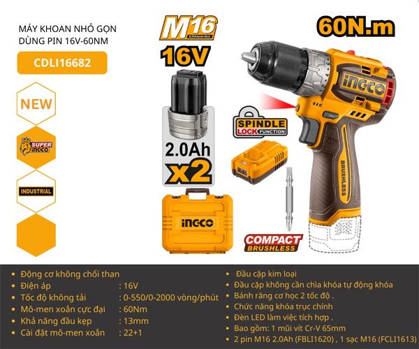  Máy khoan vặn vít dùng pin 16V INGCO CDLI16682 
