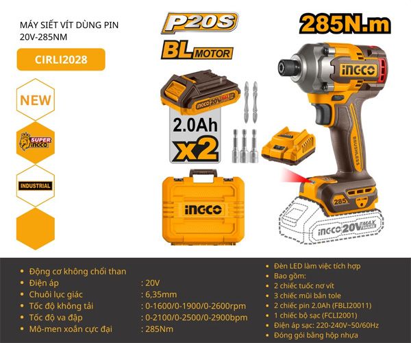  Máy vặn vít dùng pin 20V-285Nm INGCO CIRLI2028 