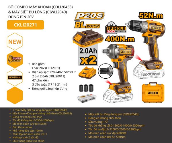  Bộ combo máy khoan và máy vặn bu lông dùng pin 20V INGCO CKLI20271 