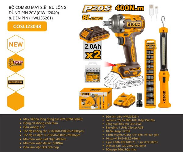  Bộ combo máy vặn bu lông và đèn pin INGCO COSLI23048 