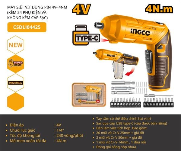  Máy vặn vít dùng pin 4V-4Nm INGCO CSDLI04425 