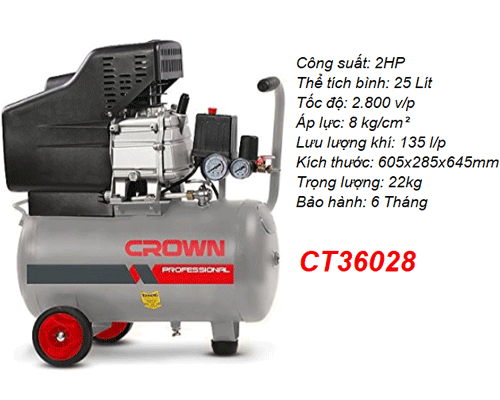  Máy nén khí trực tiếp Crown CT36028 (25L) 