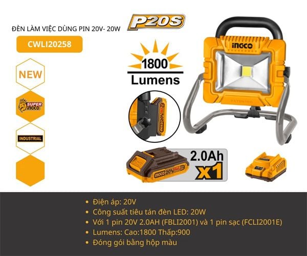  Đèn làm việc dùng pin 20V-20W INGCO CWLI20258 