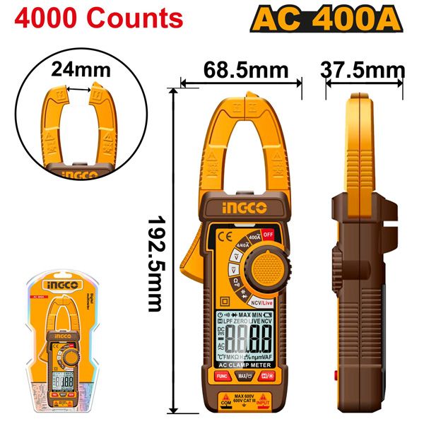 Đồng hồ kẹp kỹ thuật số AC 400A-4000 số đếm Ingco DCM62001 