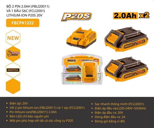  Bộ 2 pin 20Vx2.0Ah và 1 sạc P20S 20V INGCO FBCPK1222 