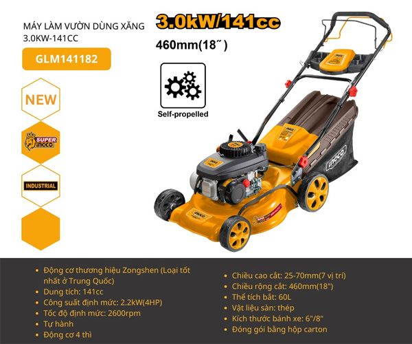  Máy cắt cỏ xe đẩy dùng xăng 4HP INGCO GLM141182 