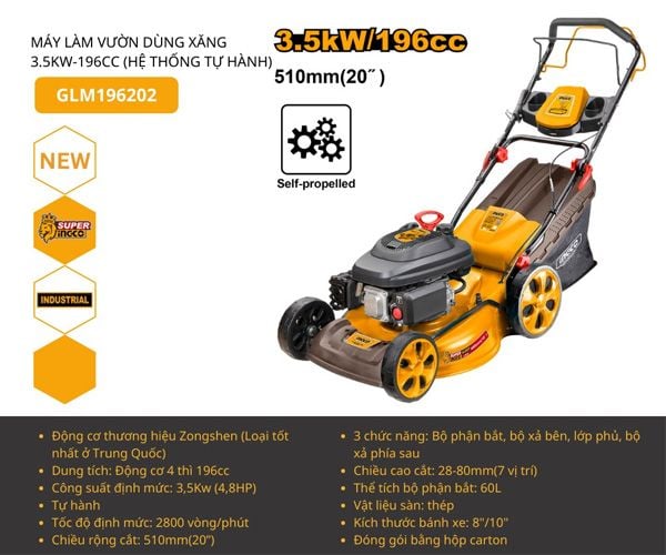  Máy cắt cỏ xe đẩy dùng xăng 4.8HP INGCO GLM196202 