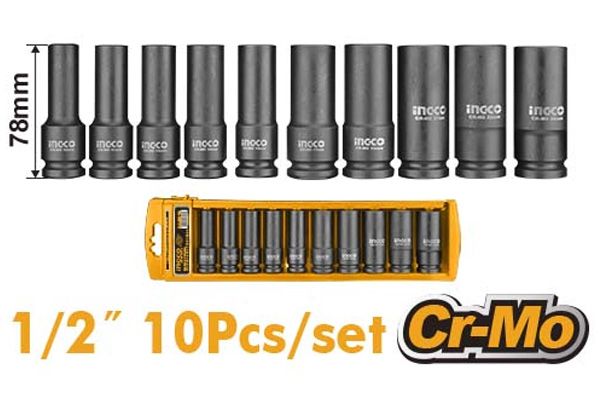  Bộ đầu tuýp lục giác 1/2 Inch x 78mm 10 chi tiết Ingco HKISSD12102L 