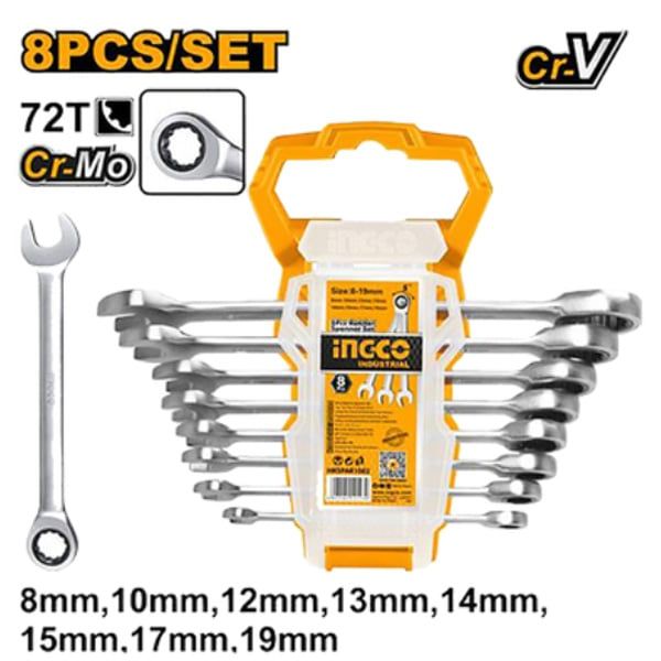  Bộ cờ lê miệng vòng tự động 8 chi tiết 8-19mm Ingco HKSPAR1082 