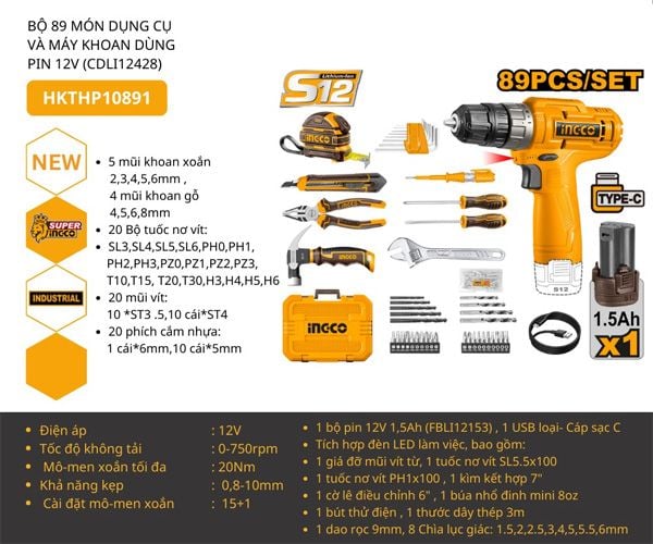 Bộ 89 món dụng cụ và máy khoan dùng pin 12V INGCO HKTHP10891