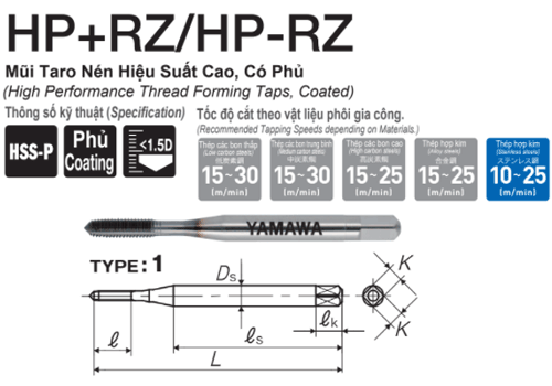  Mũi Taro nén hiệu suất cao có phủ Yamawa cho thép HRZP41.4CB (M1.4x0.3) 