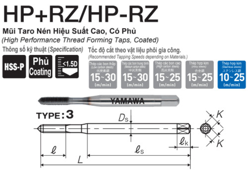  Mũi Taro nén hiệu suất cao có phủ Yamawa cho thép HRZP52.5FB (M2.5x0.45) 
