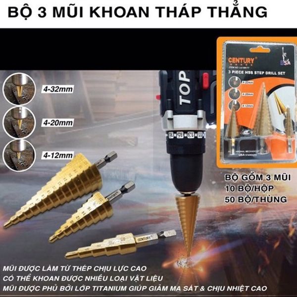  Bộ 3 mũi khoan tháp thẳng CENTURY LU-MKTT 