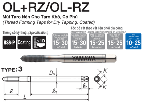  Mũi Taro nén khô có phủ Yamawa cho thép OLRZP42.0EP (M2x0.4) 