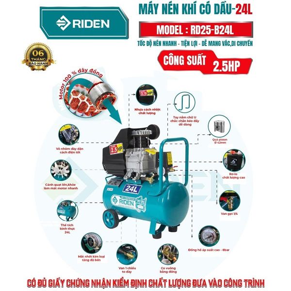 Máy nén khí có dầu 2.5HP bình 24L Riden RD25-B24L 