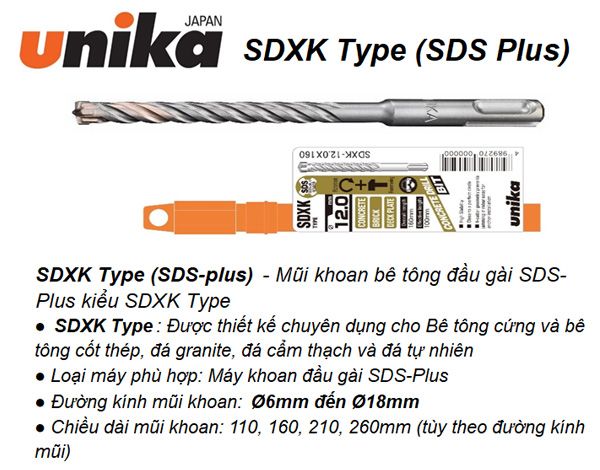  Mũi khoan bê tông SDS Plus Unika SDXK10.0x210 