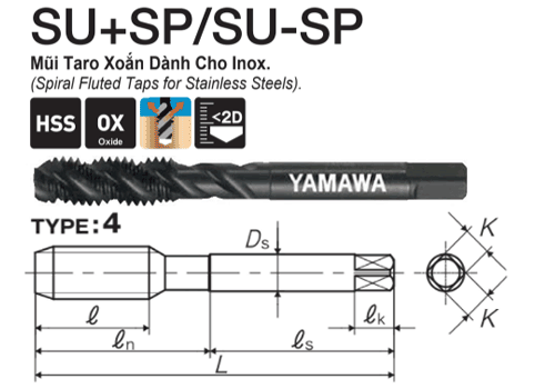  Mũi taro rãnh xoắn chuyên chạy Inox Yamawa SUMQ016Q (M16x2) 