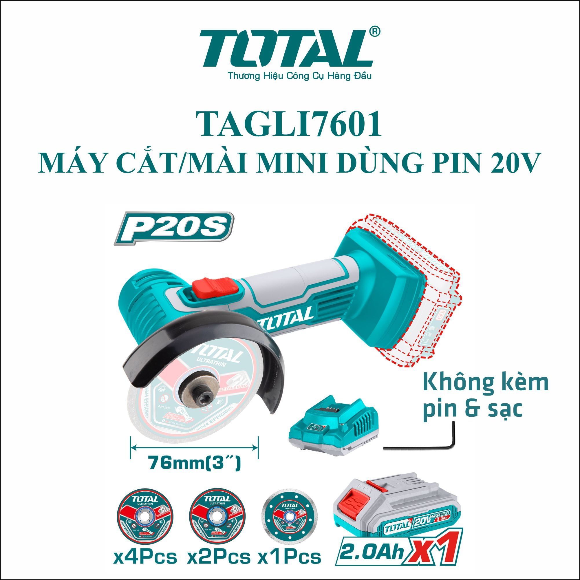  Máy cắt và mài mini dùng pin 20V Total TAGLI7601 (Solo) 
