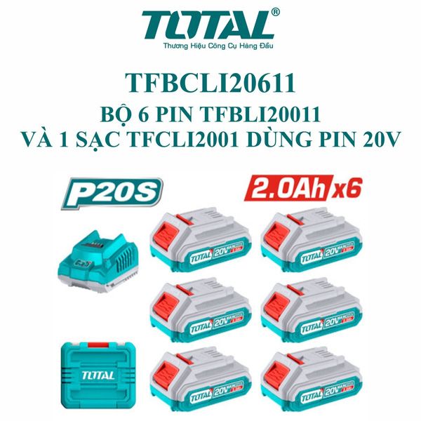  Bộ 6 pin và 1 sạc P20S 20Vx2.0Ah Total TFBCLI20611 