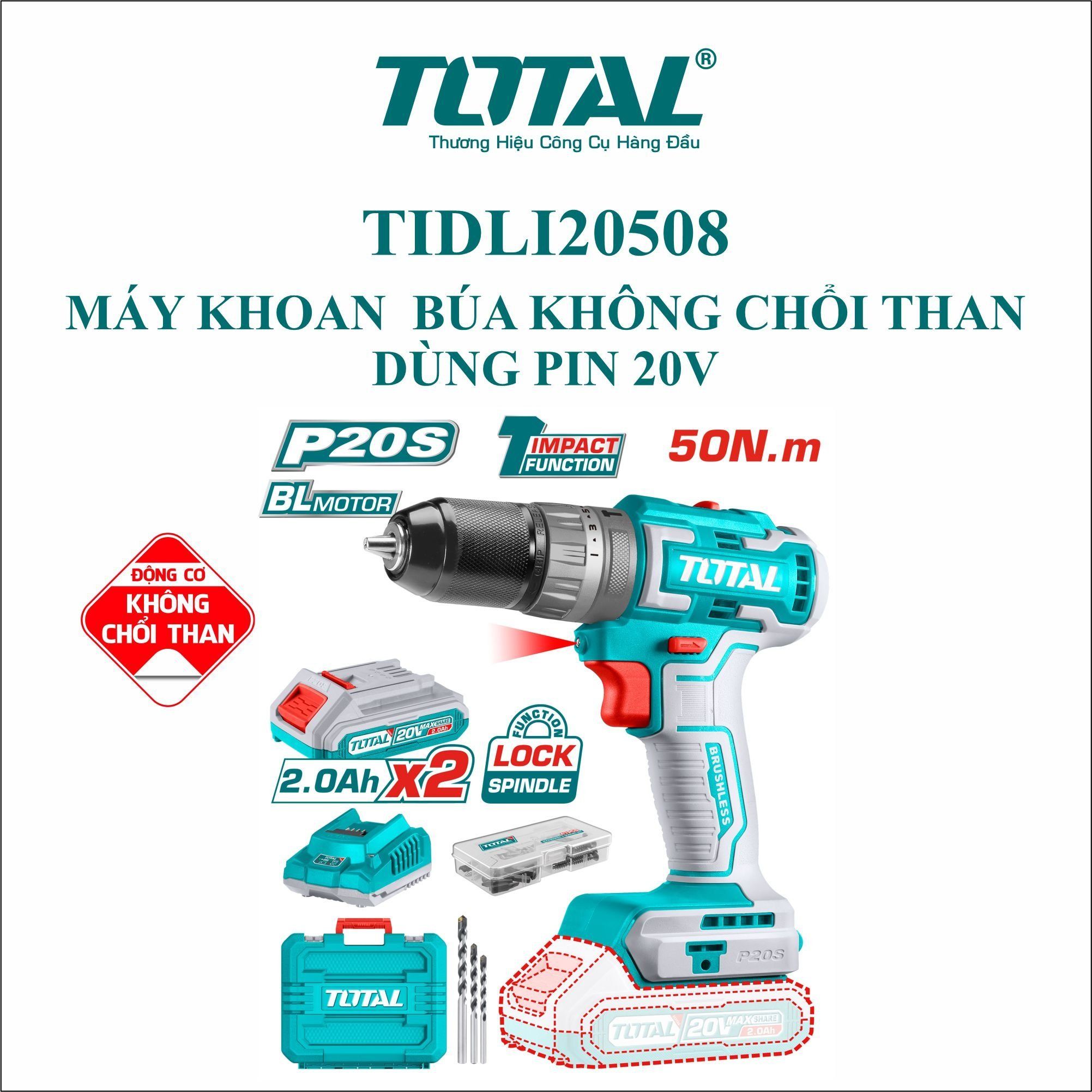  Máy khoan động lực dùng pin 20V Total TIDLI20508 