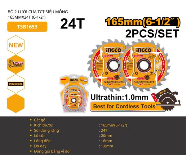  Bộ 2 lưỡi cưa TCT siêu mỏng 165mmx24T INGCO TSB1653 