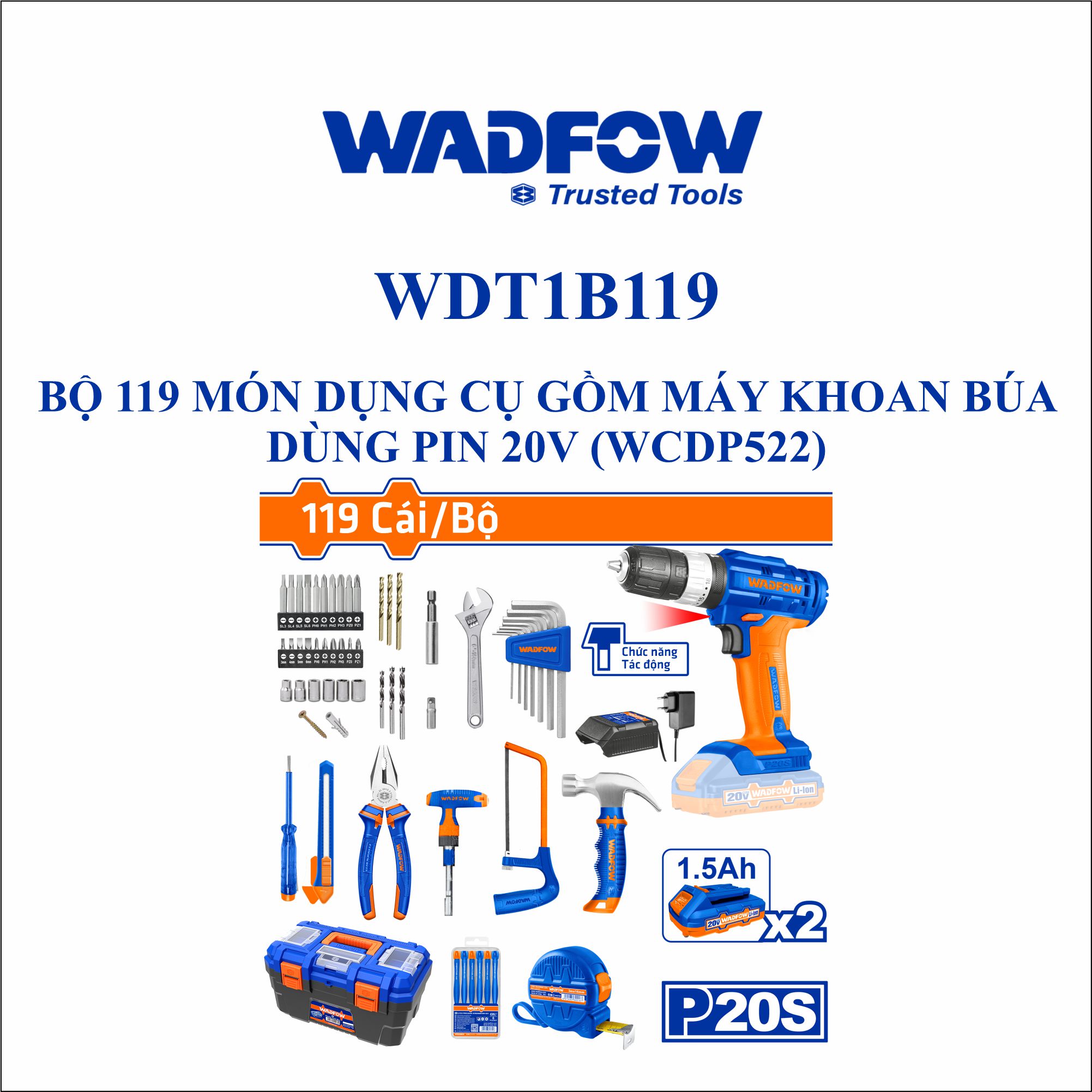 Bộ 119 món dụng cụ gồm máy khoan búa dùng pin 20V WADFOW WDT1B119