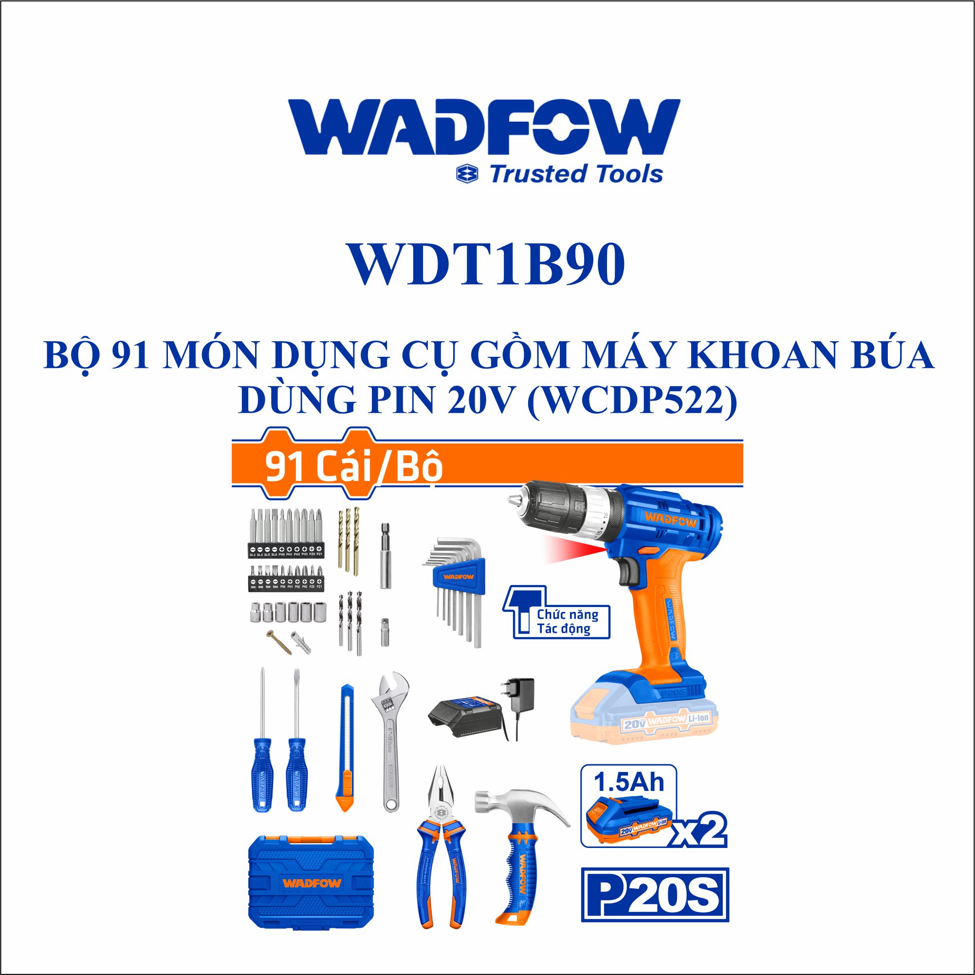 Bộ 91 món dụng cụ gồm máy khoan búa dùng pin 20V WADFOW WDT1B90