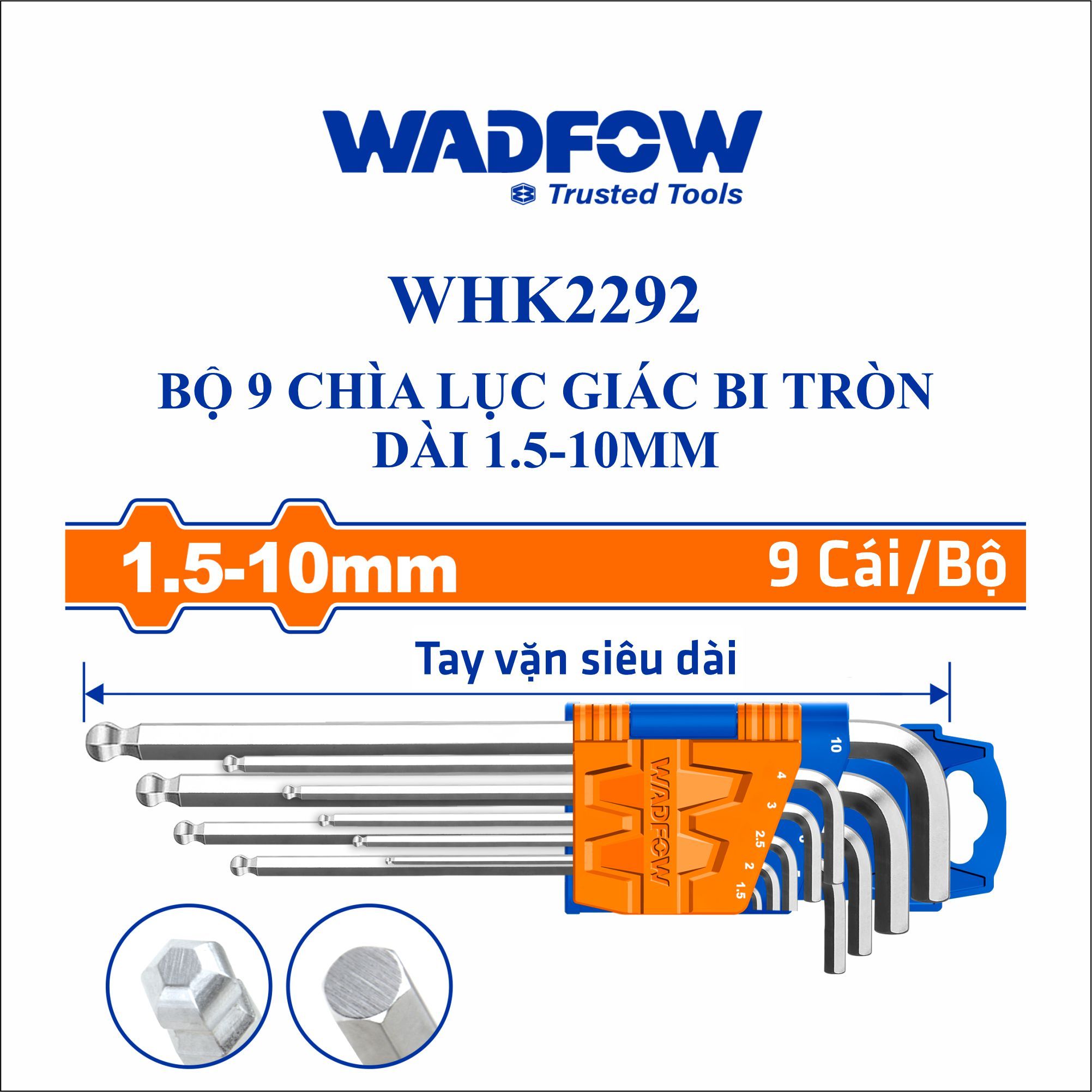  Bộ 9 chìa lục giác bi tròn dài 1.5-10mm WADFOW WHK2292 