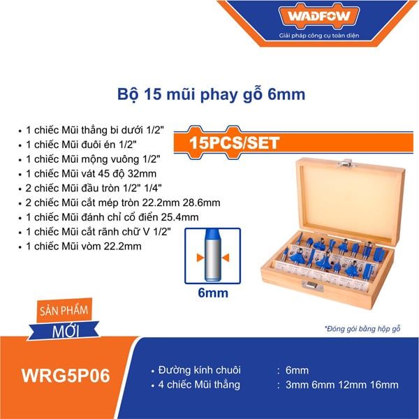  Bộ 15 mũi phay gỗ 6mm WADFOW WRG5P06 
