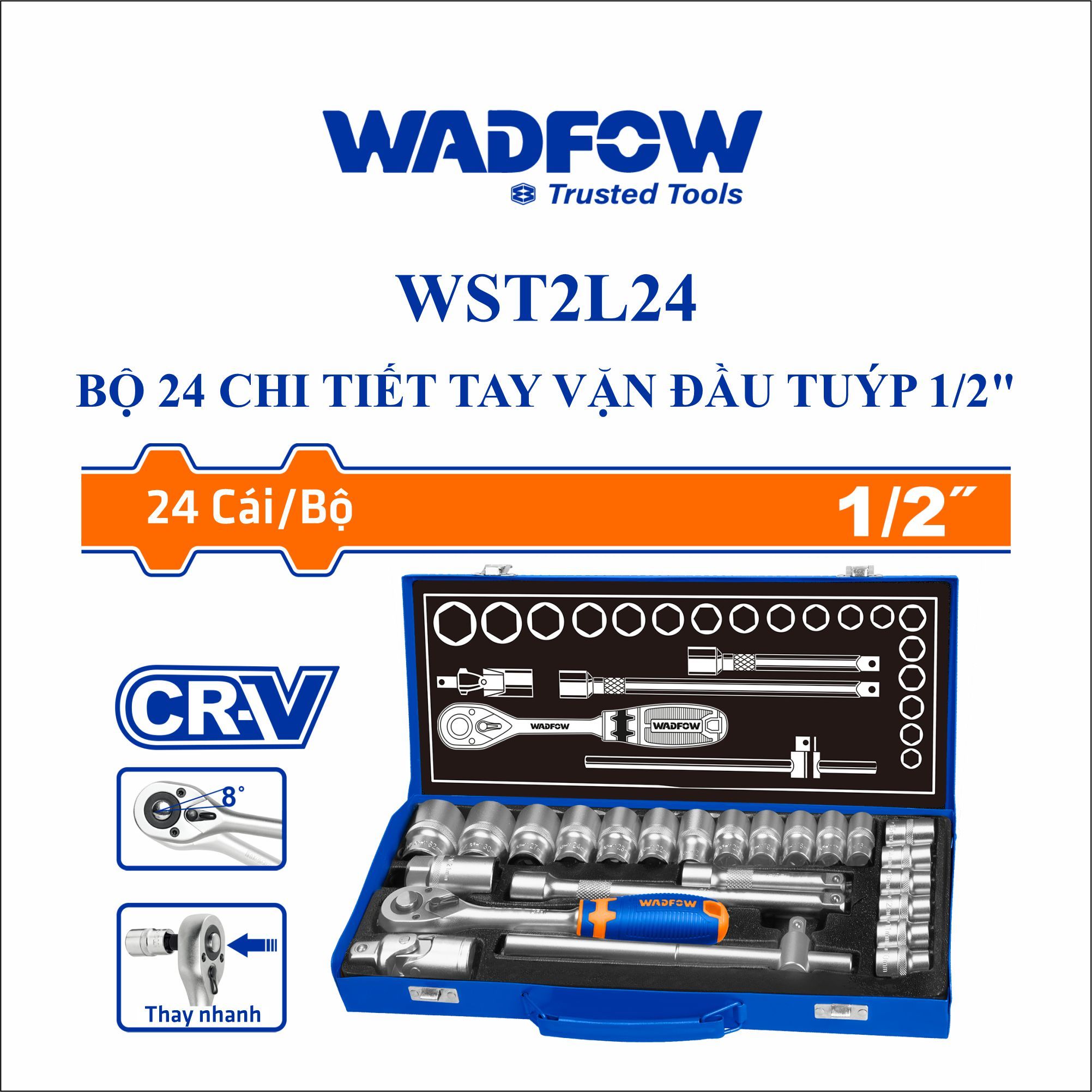  Bộ 24 chi tiết tay vặn đầu tuýp 1/2 Inch WADFOW WST2L24 