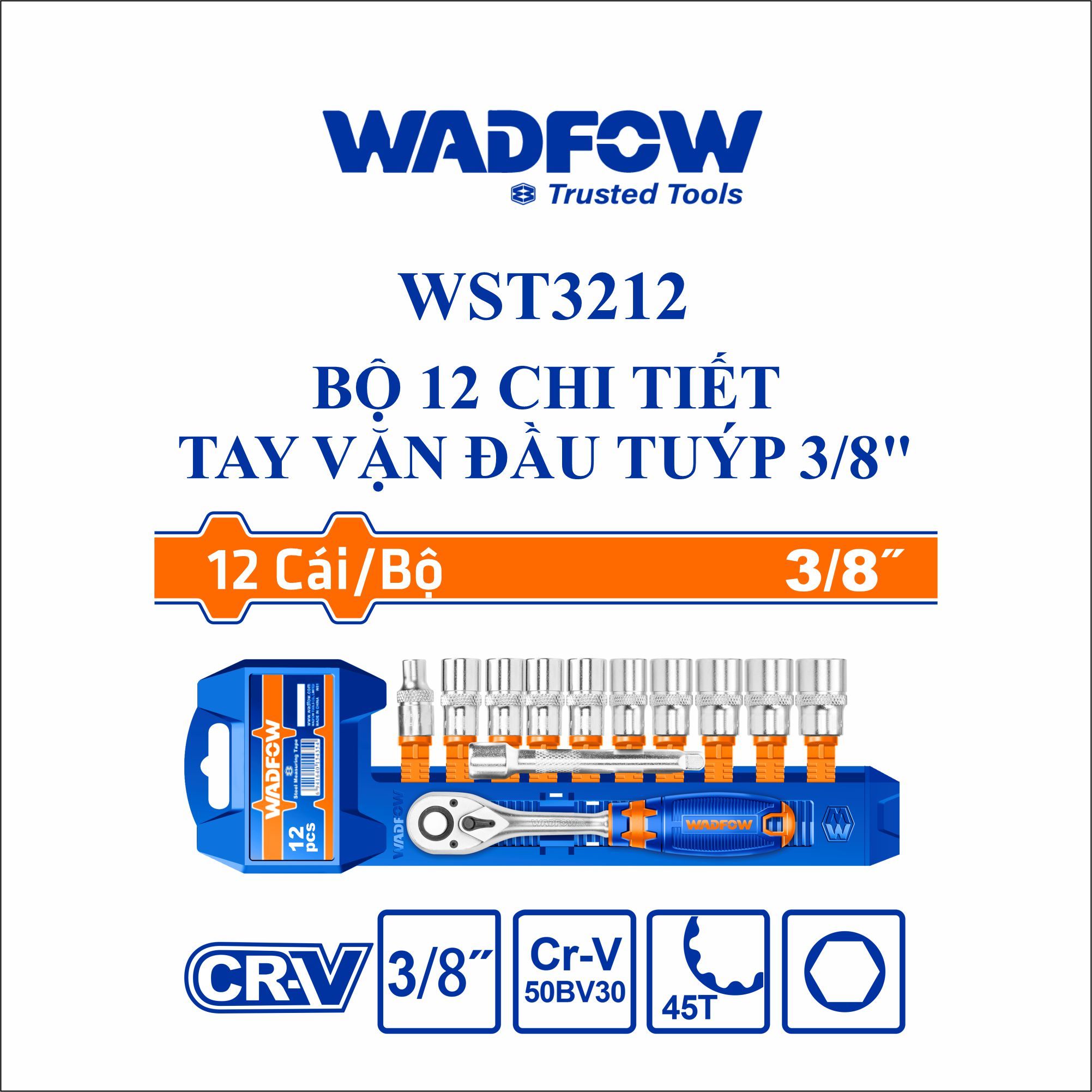  Bộ 12 chi tiết tay vặn đầu tuýp 3/8 Inch  WADFOW WST3212 