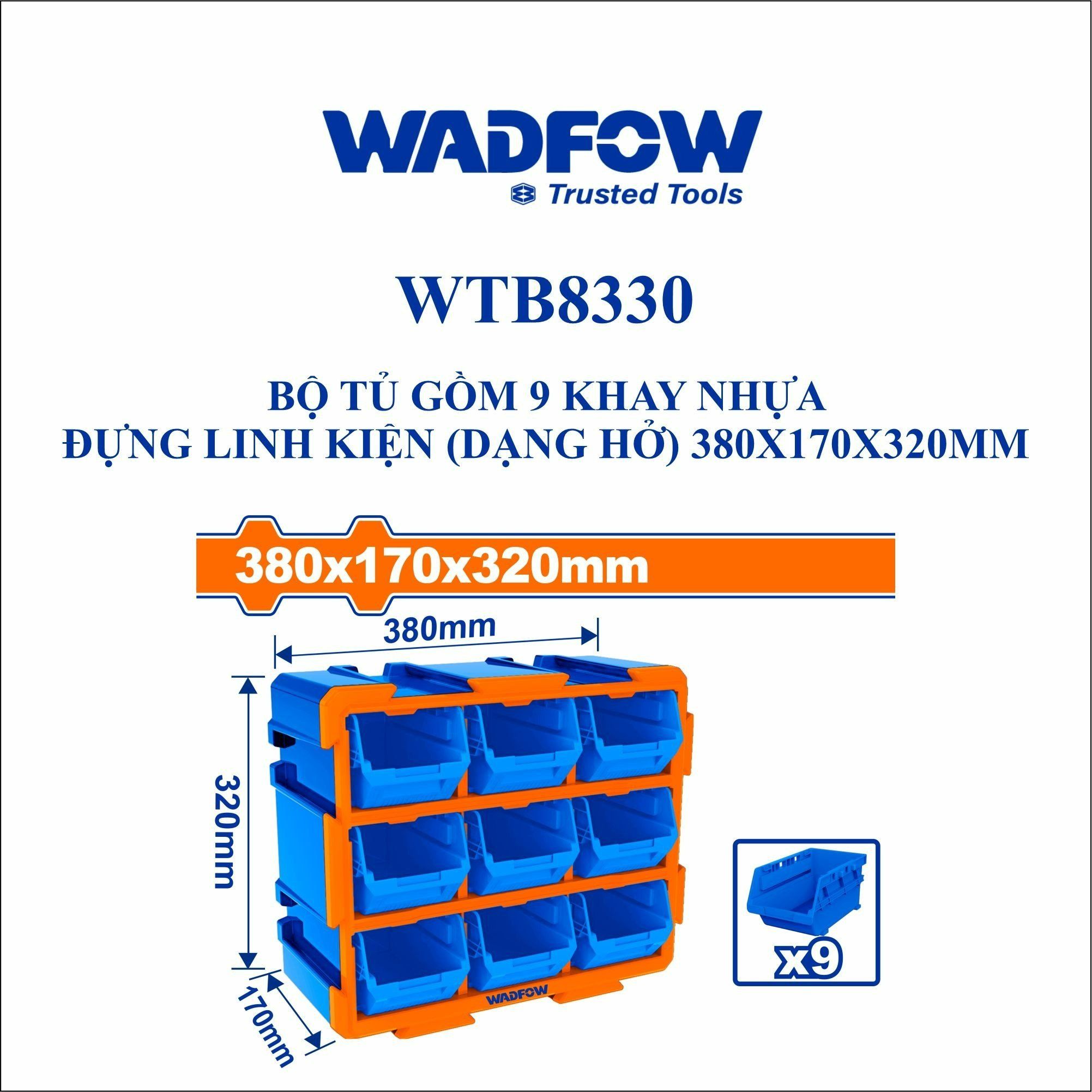  Bộ tủ gồm 9 khay nhựa đựng linh kiện (dạng hở) 380x170x320mm WADFOW WTB8330 