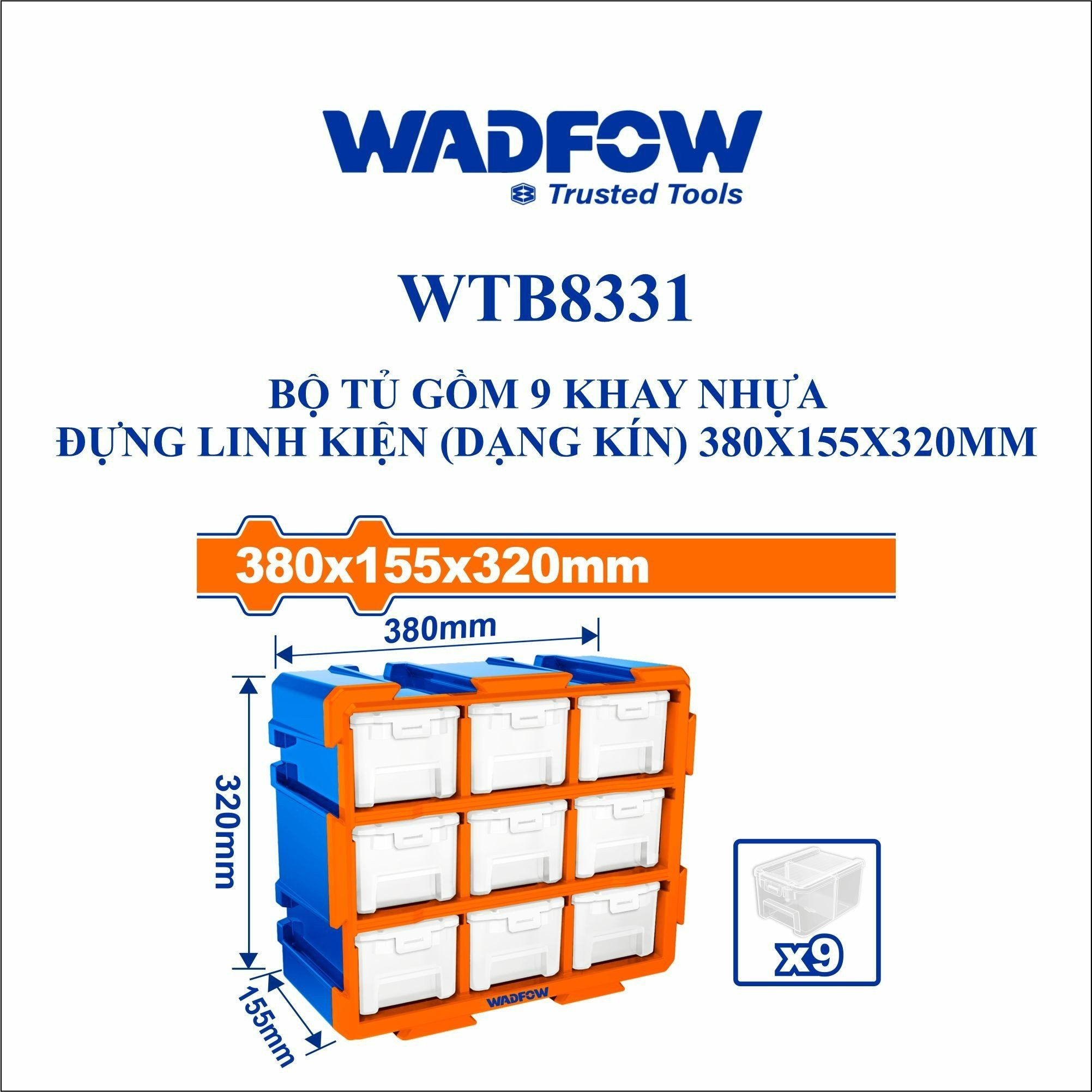  Bộ tủ gồm 9 khay nhựa đựng linh kiện (dạng kín) 380x155x320mm WADFOW WTB8331 
