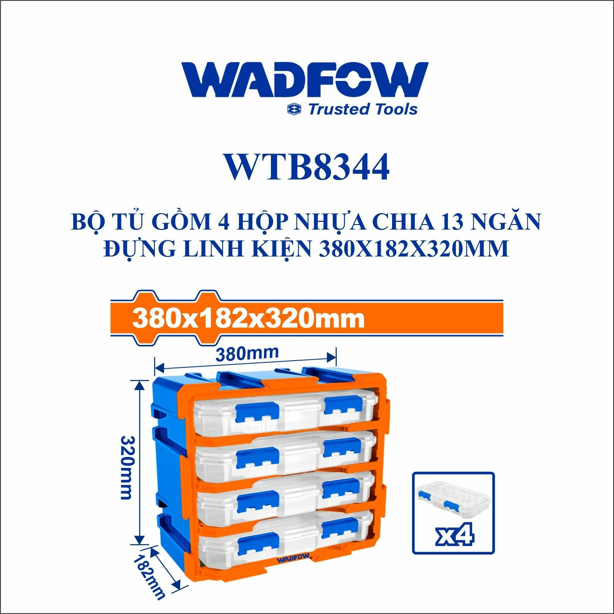  Bộ tủ gồm 4 hộp nhựa chia 13 ngăn đựng linh kiện 380x182x320mm WADFOW WTB8344 