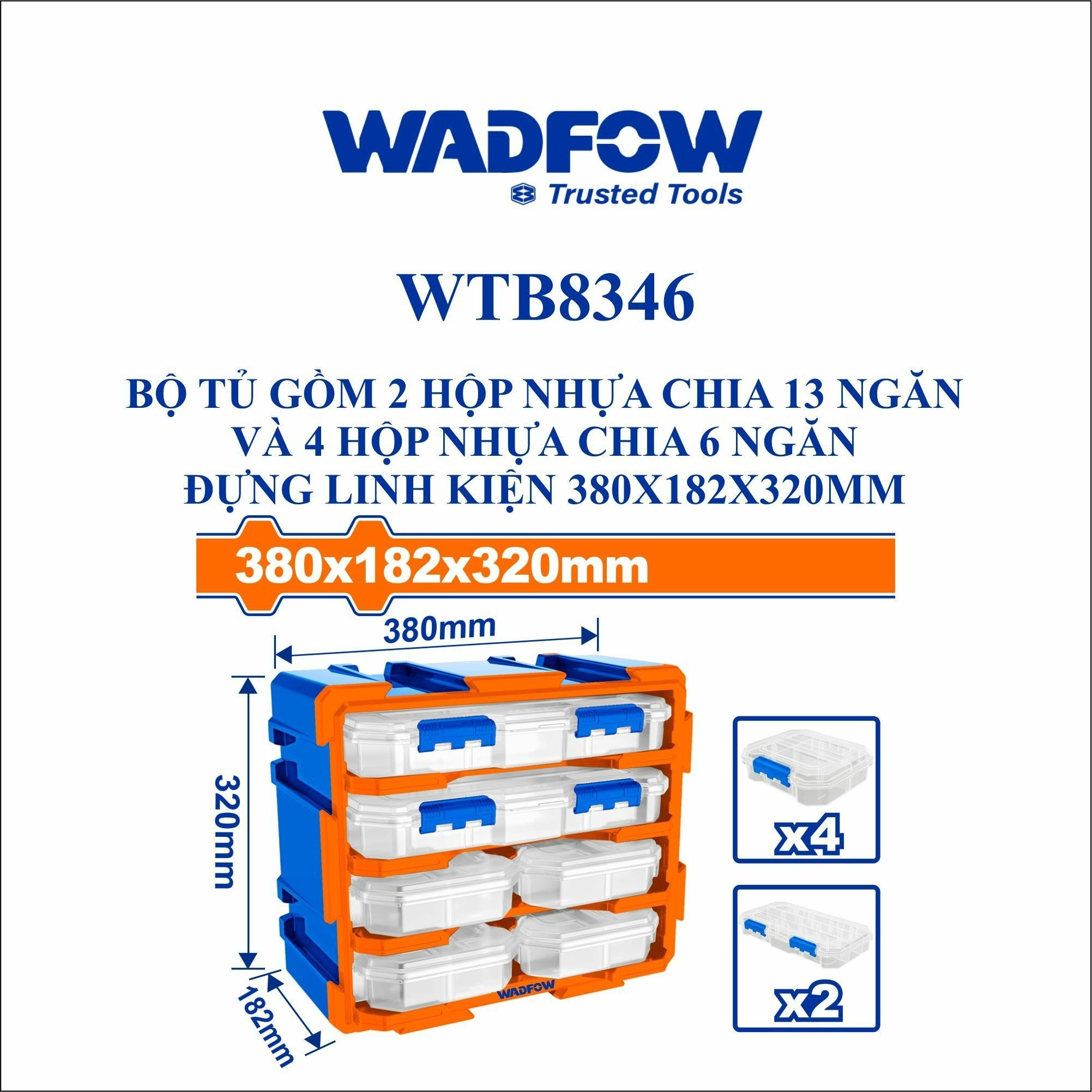  Bộ tủ gồm 2 hộp nhựa chia 13 ngăn và 4 hộp nhựa chia 6 ngăn đựng linh kiện 380x182x320mm WADFOW WTB8346 