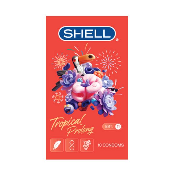  Bao cao su Shell Tropical Prolong - Siêu mỏng, kéo dài thời gian, hương hoa quả nhiệt đới - Hộp 10 cái 