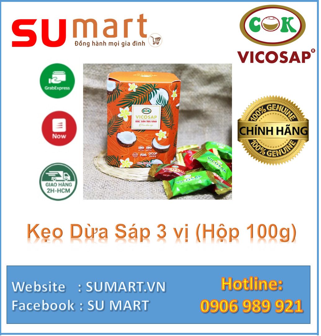  Kẹo Dừa Sáp 3 Vị (hộp 100g) - VICOSAP ĐẶC SẢN TRÀ VINH 