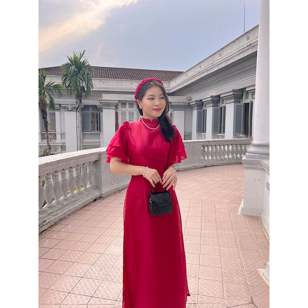 Áo dài đỏ HỒNG NGỌC tơ tay loe 4 tà kèm quần Callene CC300  Callene by  CALLA HOUSE