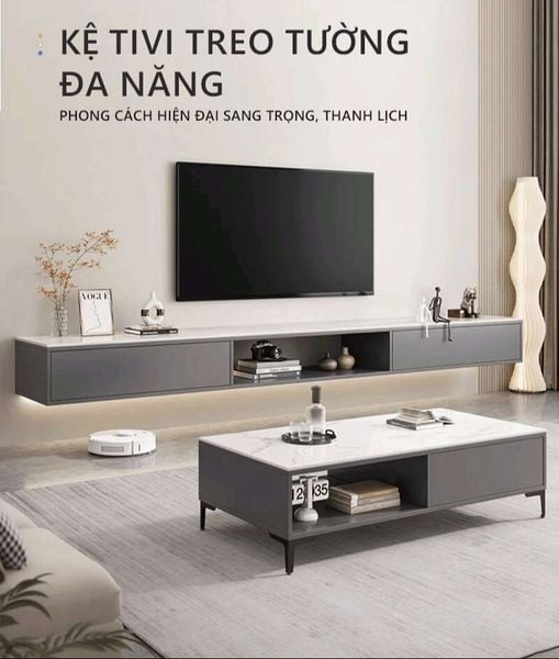 Kệ Tivi Treo Tường Ngăn Mở Màu Vân Đá Châu Âu Tối Giản - Nội Thất IGA - GP303