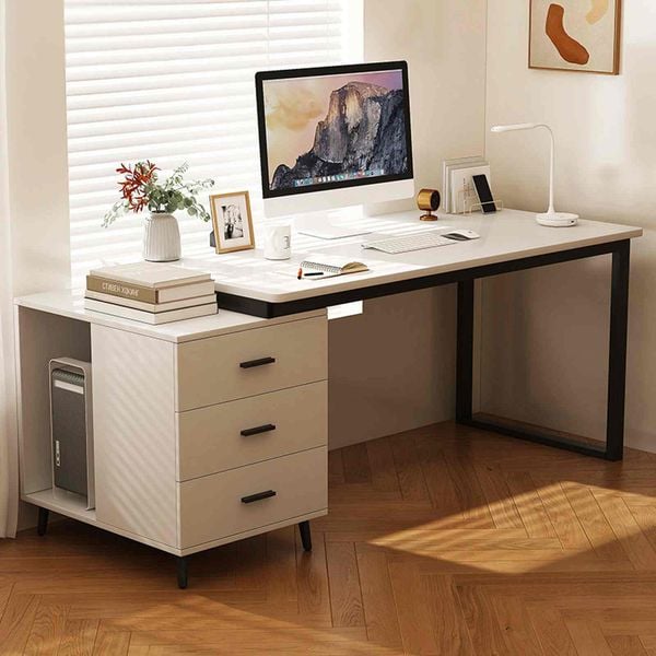 Bàn làm việc kèm tủ đồ khung đen mặt gỗ trắng - GM196