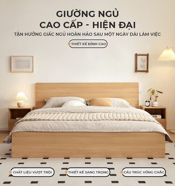 Giường ngủ đôi vân gỗ, full trắng nhiều kích thước hiện đại - Nội thất IGA - GP338